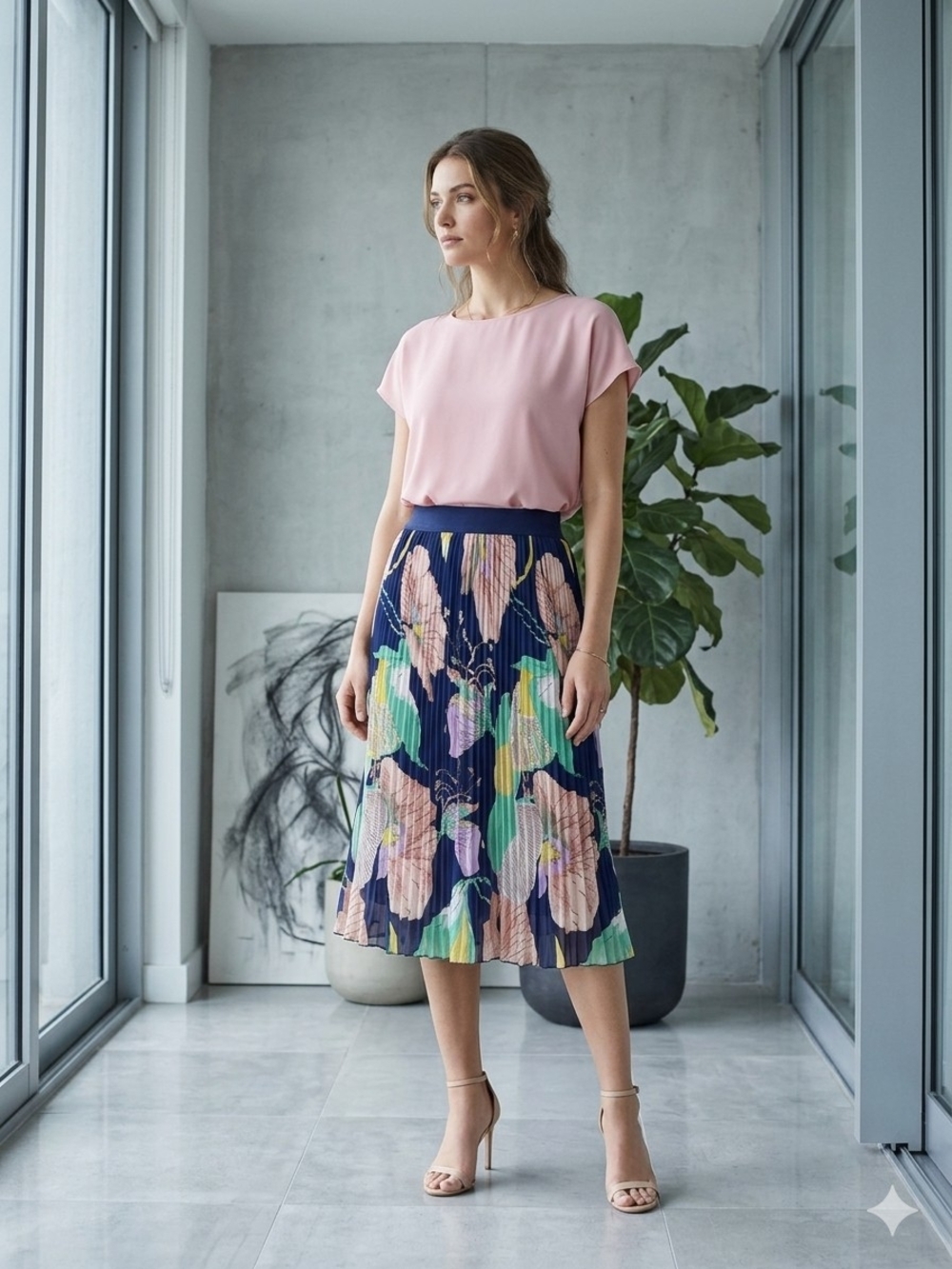 Metro Wear Floral Pleated Midi Skirt in Navy and Pastels